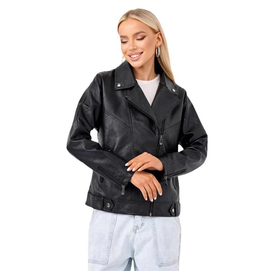 Damen hochwertige Kunstlederjacke im Biker-Stil mit asymmetrischem Reißverschluss R&B