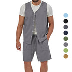 Herren nan zweiteiliges Freizeit-Set mit ärmelloser Knopfweste und weiten Kordelzug-Shorts mit aufgesetzten Taschen R&B