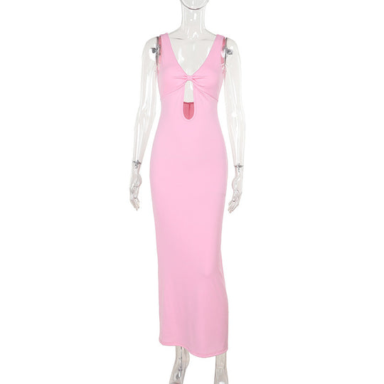 Damen figurbetontes Maxikleid mit tiefem V-Ausschnitt und Cut-Out R&B