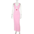Damen figurbetontes Maxikleid mit tiefem V-Ausschnitt und Cut-Out R&B