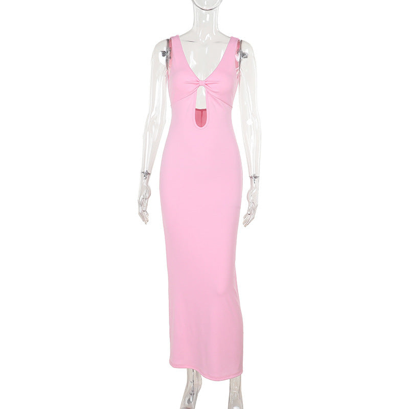 Damen figurbetontes Maxikleid mit tiefem V-Ausschnitt und Cut-Out R&B