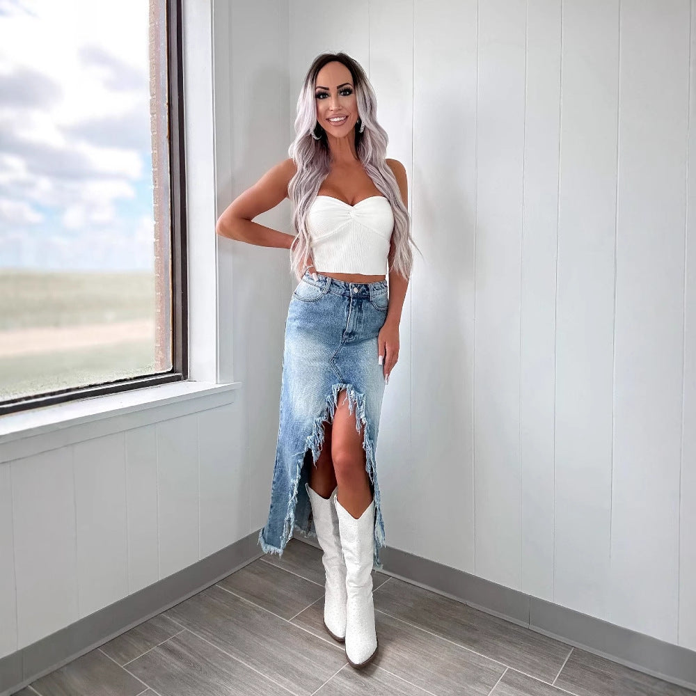 Damen Midilange Jeansrock mit teils fransigem Saum und hohem Schlitz R&B