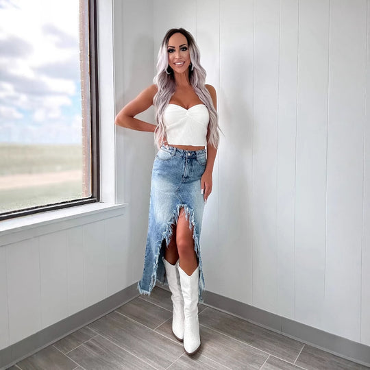 Damen Midilange Jeansrock mit teils fransigem Saum und hohem Schlitz R&B