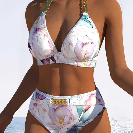 Damen Bikini-Set mit hohem Taillenschnitt und elegantem Blumendruck R&B