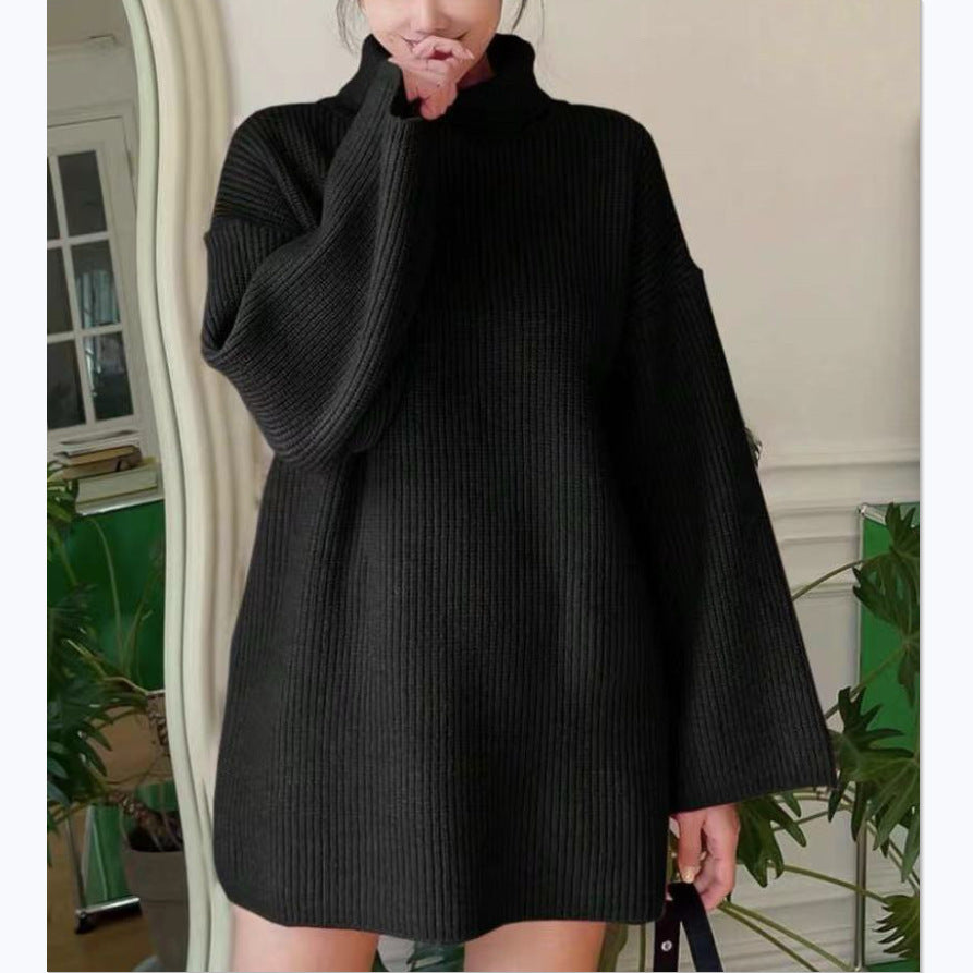 Damen Langer Strickpullover mit hohem Kragen und weit ausgestellten Ärmeln R&B