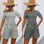 Damen lässiges Off-Shoulder Jumpsuit mit praktischem Taillenzug und kurzen Hosen R&B