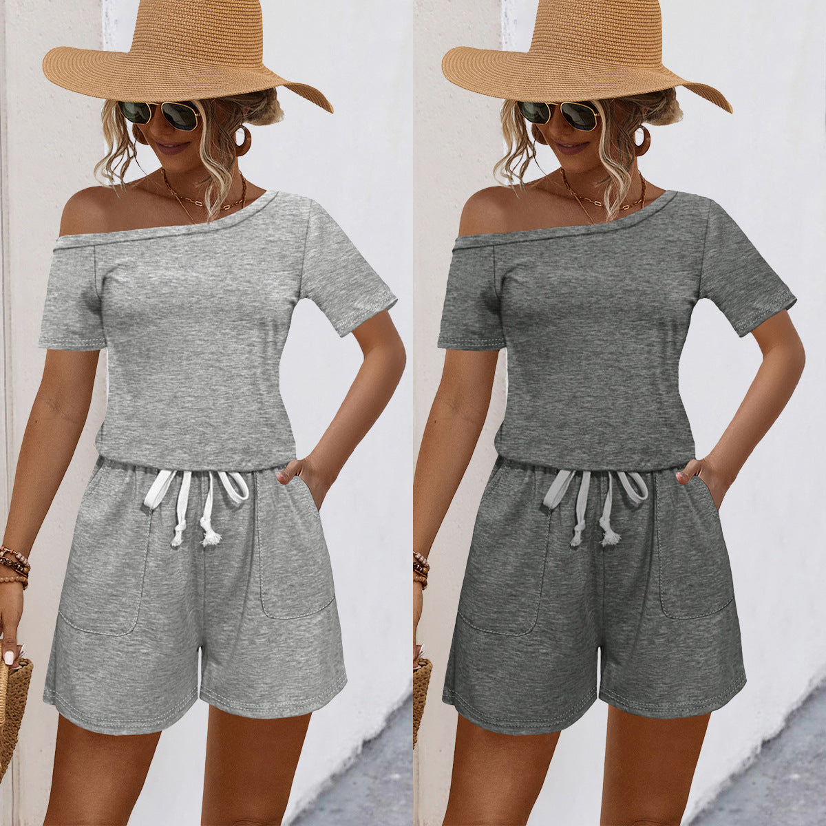 Damen lässiges Off-Shoulder Jumpsuit mit praktischem Taillenzug und kurzen Hosen R&B