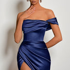 Damen Elegantes Off-Shoulder Maxikleid mit asymmetrischem Schnitt und seitlichem Schlitz R&B