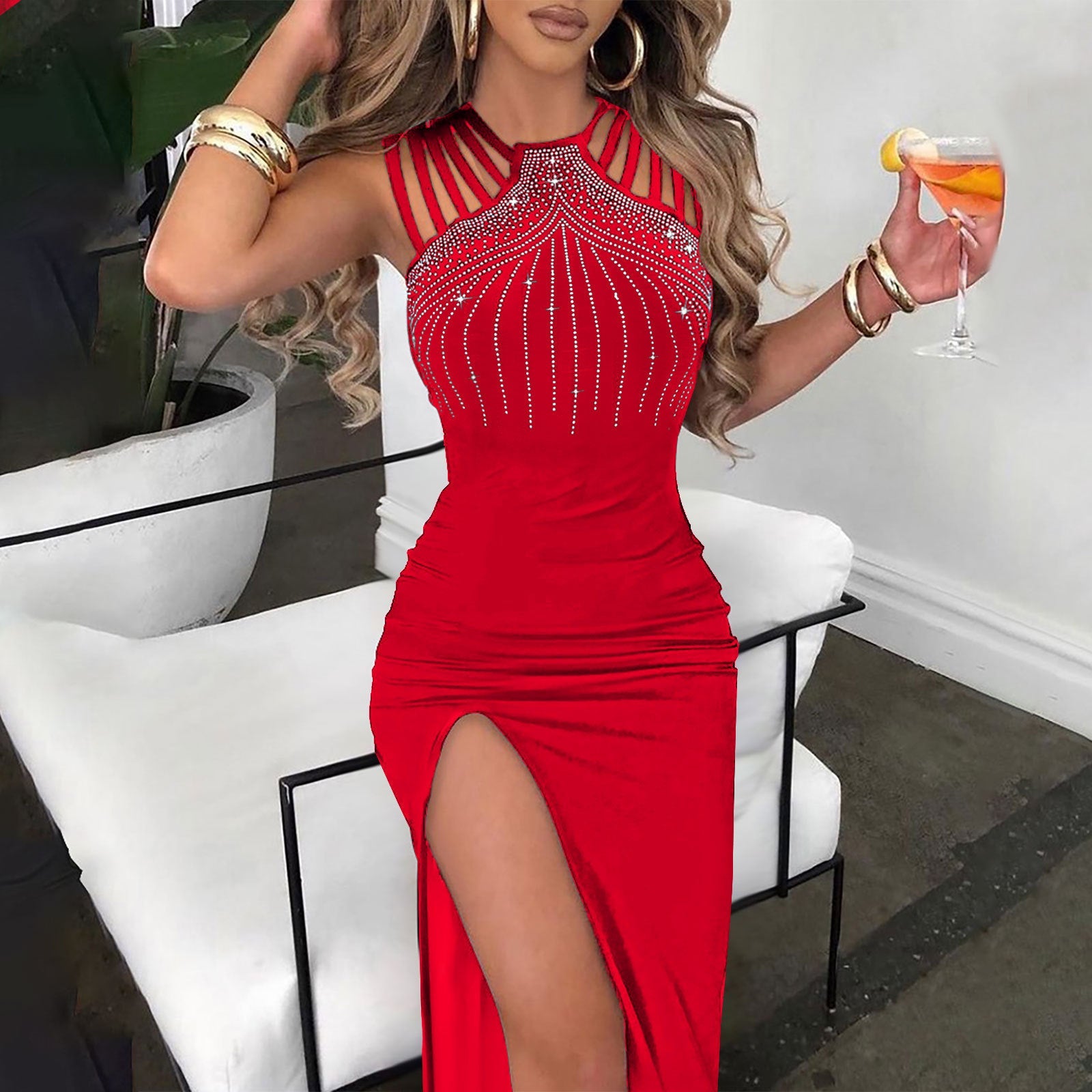 Damen Elegantes Abendkleid mit Strassverzierungen und tiefem Schlitz R&B