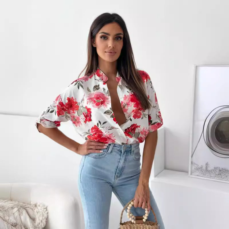 Damen Blumige Oversized Hemdbluse mit kurzen Ärmeln R&B