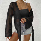 Damen luftiger Strick-Kimono mit offener Front und Kordelzug R&B