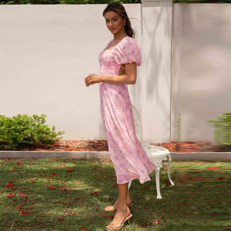 Damen Midikleid mit Puffärmeln und elegantem Blumendruck R&B