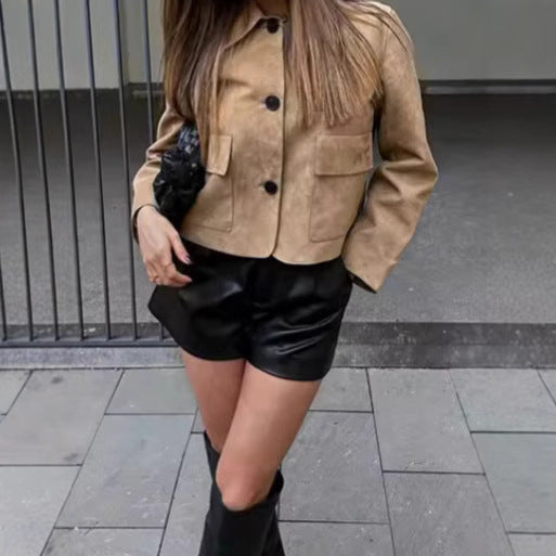 Damen Wildlederimitat Jacke mit Knopfleiste und Taschen R&B