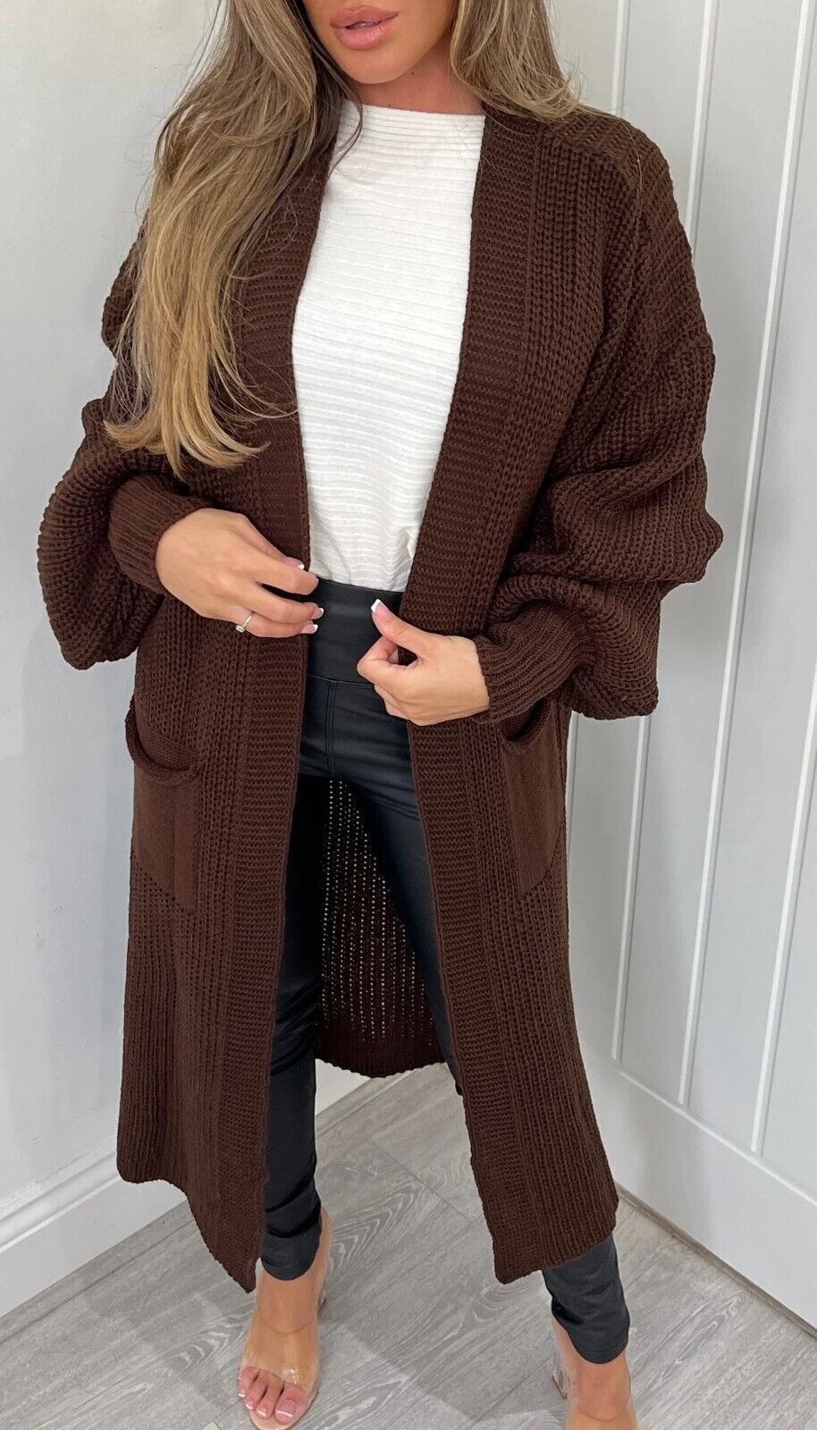 Damen Langer Strickmantel mit großzügigen Taschen R&B