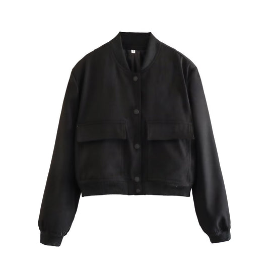 Damen modische cropped Bomberjacke mit großen Pattentaschen R&B