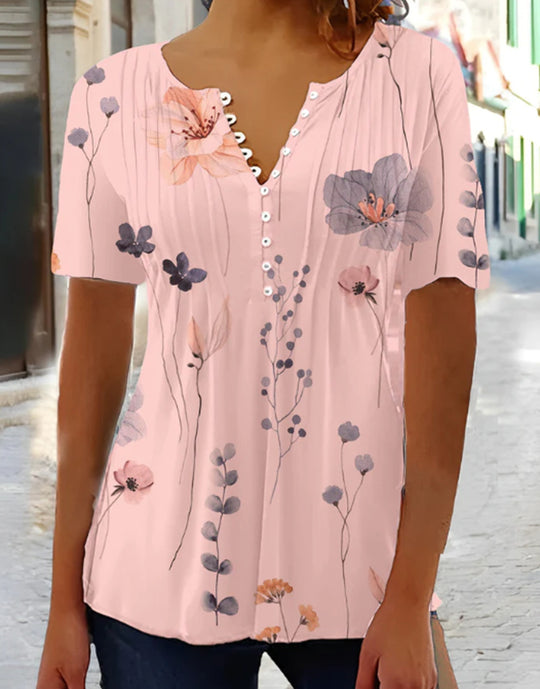 Damen nan leichtes V-Ausschnitt Blusenshirt mit Zierknopfleiste und dezent plissierter Vorderpartie R&B