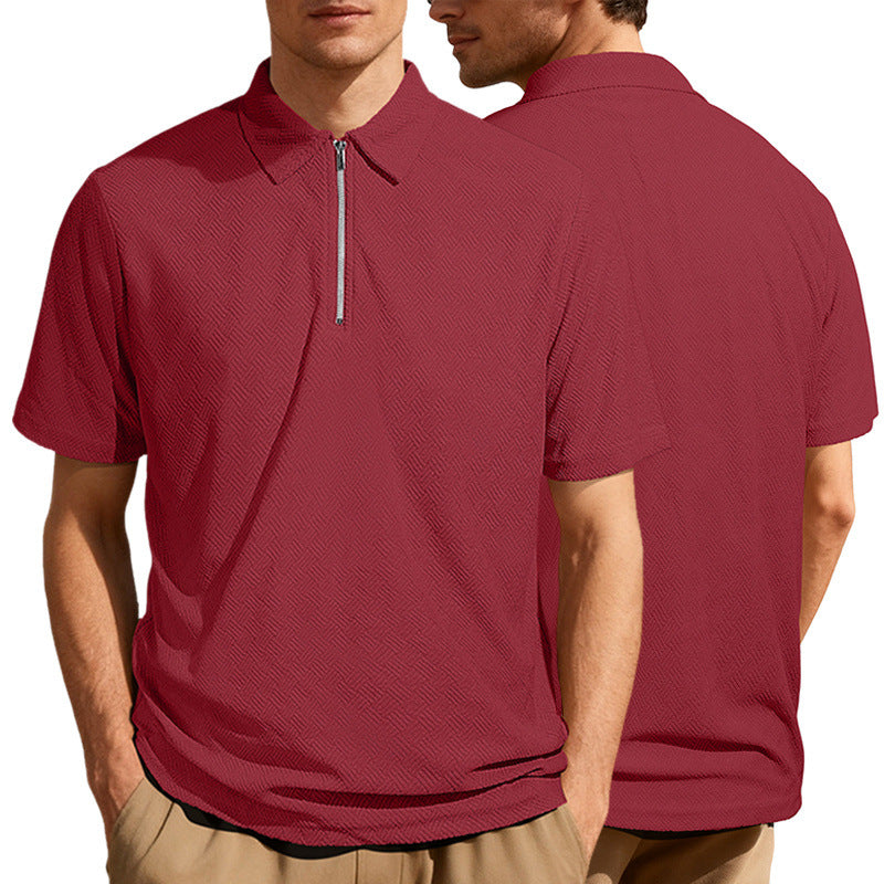Herren nan schmal geschnittenes Halbzip-Polo mit feiner Fischgrät-Jacquardstruktur R&B