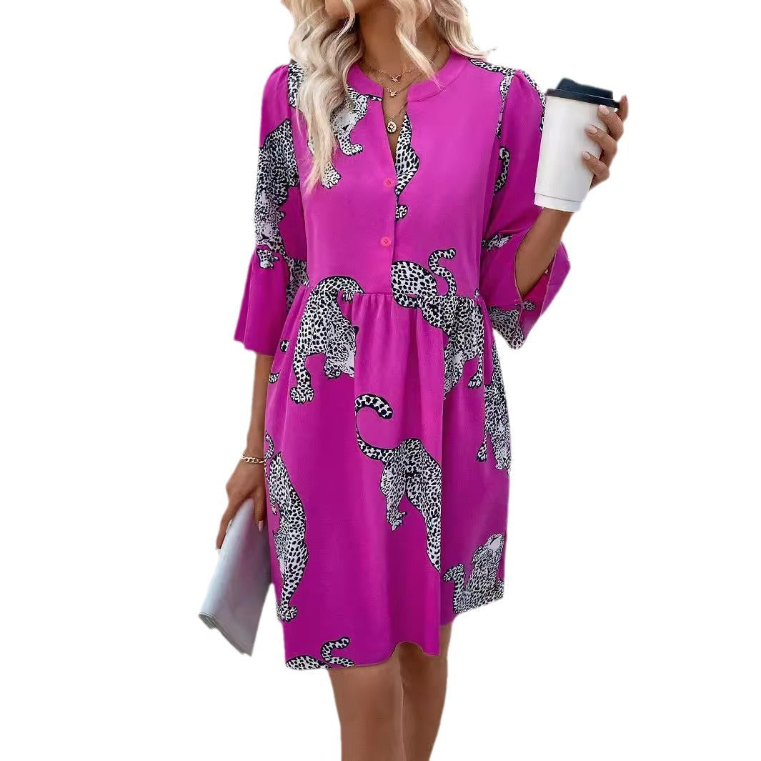 Damen nan lockeres Tunika-Kleid mit geraffter Taillennaht, Knopfleiste und grafischem Tier-Silhouettenprint R&B