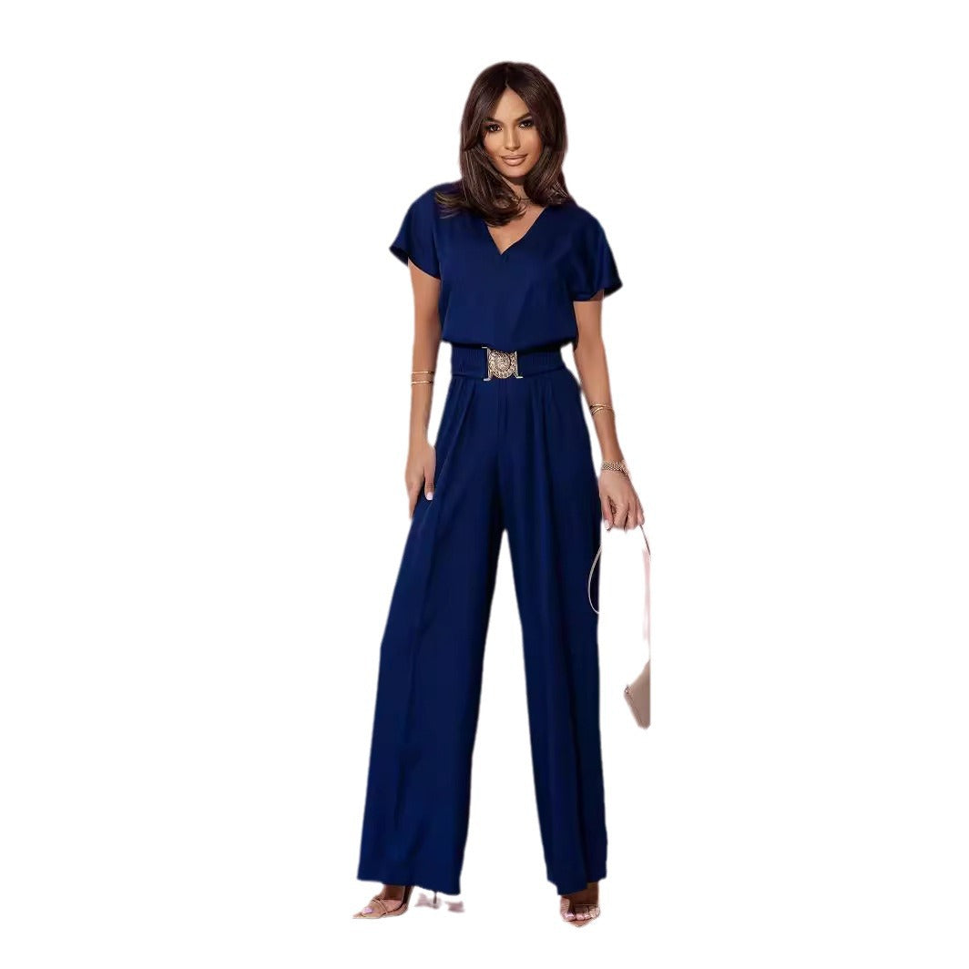 Damen Jumpsuit mit weitem Bein und trendigem Gürtel R&B