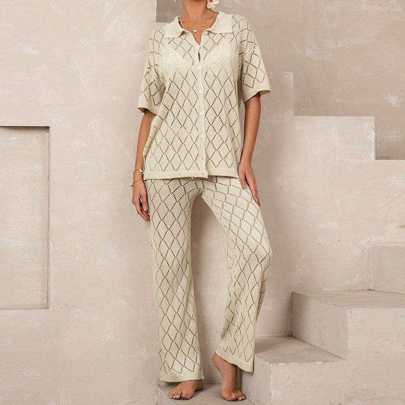 Damen elegantes Strickanzug mit modischem Rautenmuster und lockerer Passform R&B