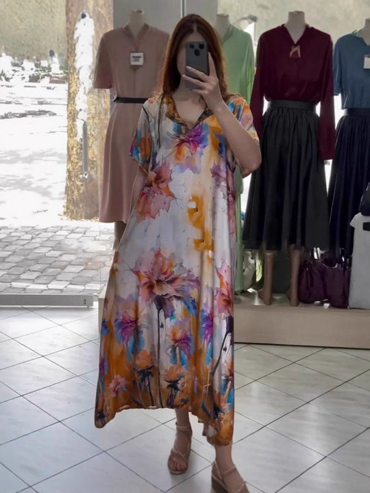 Damen nan fließendes Maxi-Kaftankleid mit V-Ausschnitt und großflächigem Aquarell-Blumenprint R&B
