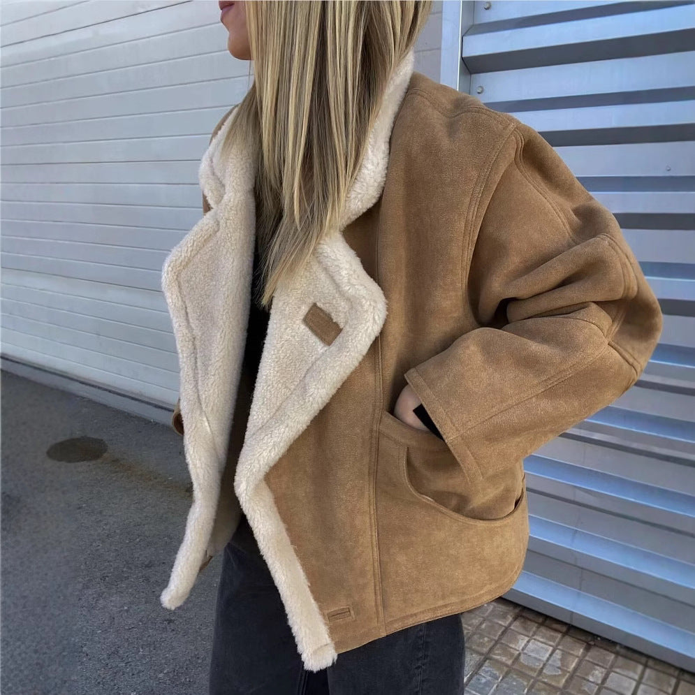 Damen kuschelige Wildlederjacke mit weichem Futter und breitem Kragen R&B