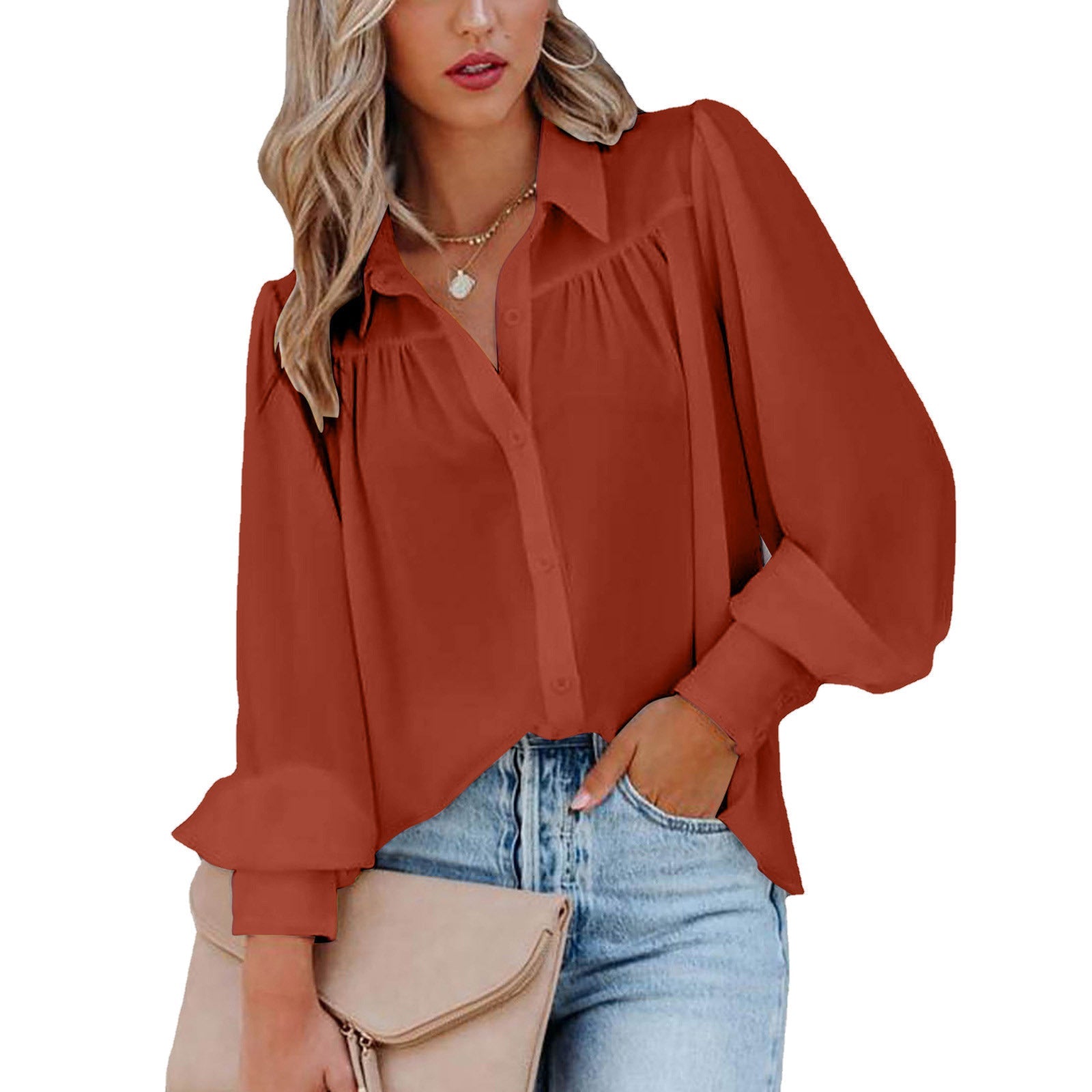 Damen Bluse mit femininen Rüschendetails und lockeren Ärmeln R&B