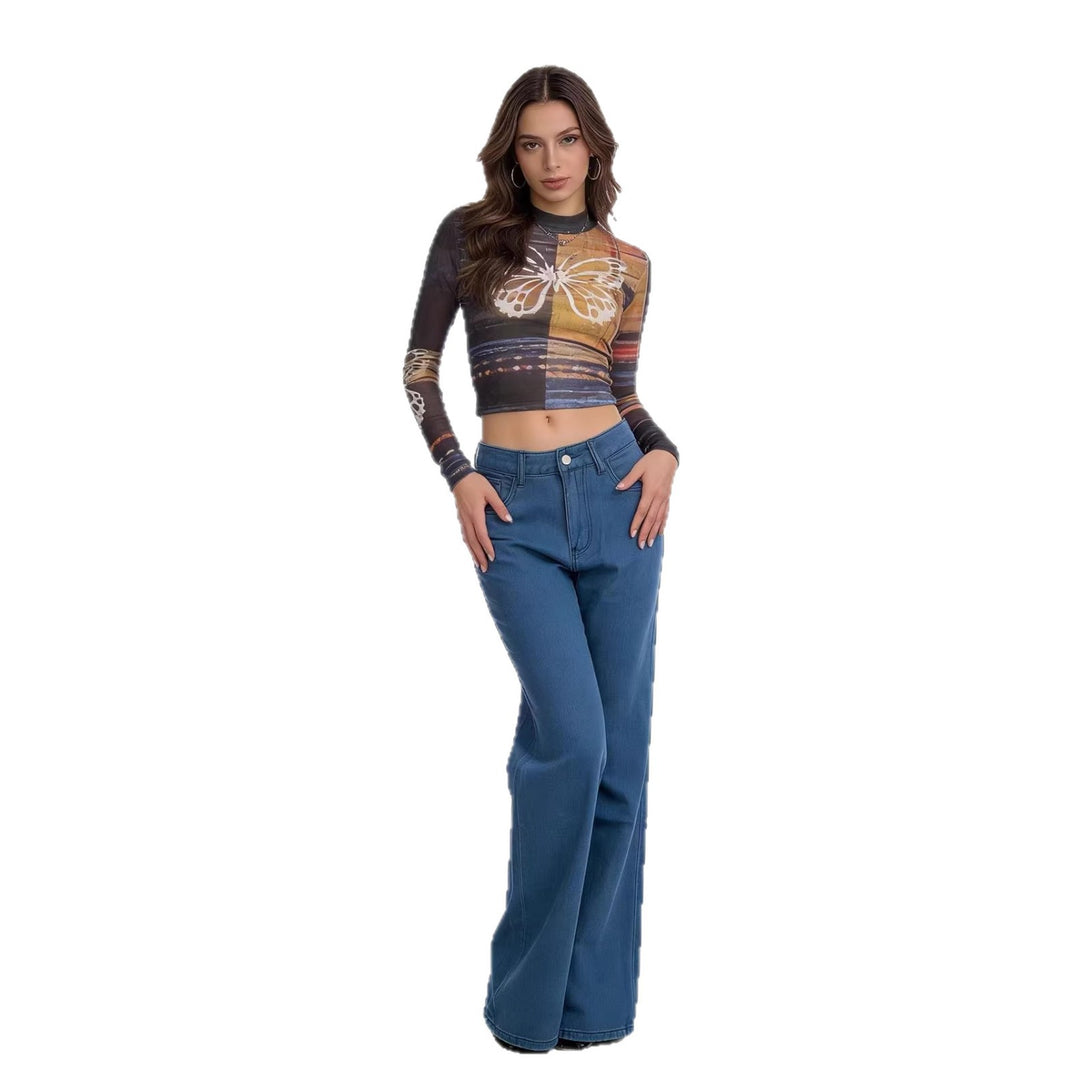 Damen Weite Jeans mit Schmetterlingsstickerei