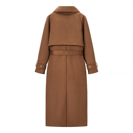 Damen Tragbare Wildleder-Trenchcoat mit Gürtel und großen Taschen R&B