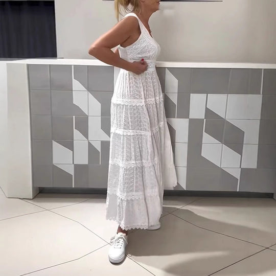 Damen nan ärmelloses Boho-Spitzen-Lagenmaxikleid mit V-Ausschnitt und Empire-Taille R&B