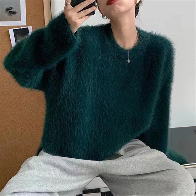 Damen Flauschiger Pullover mit lässigem Schnitt und hohem Rundhalsausschnitt R&B