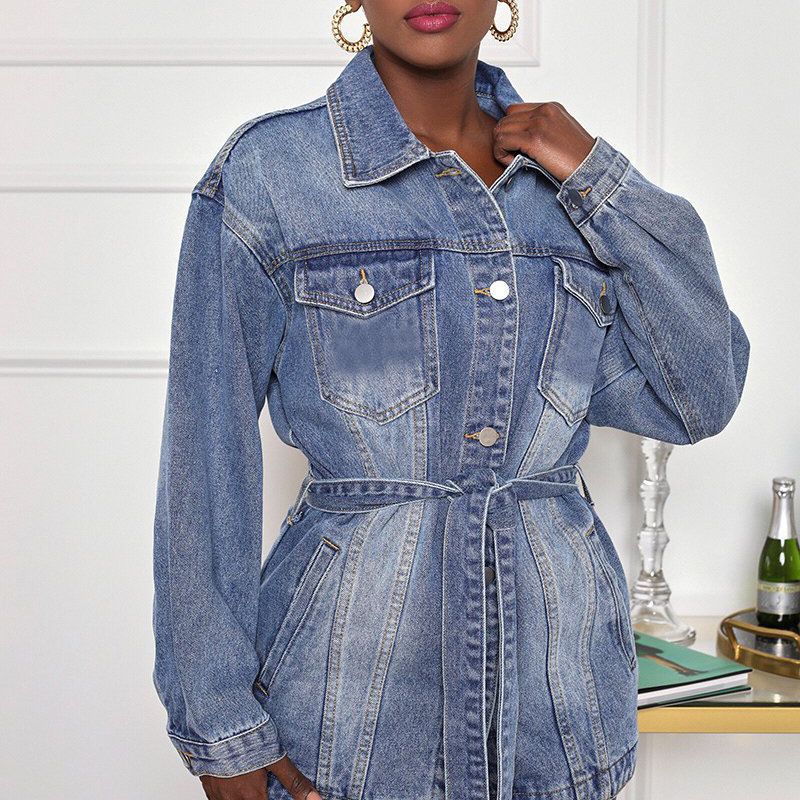 Damen Denim-Jacke mit Gürteldetail und lässigem Schnitt R&B