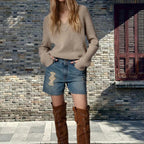Damen lockerer Strickpullover mit Rundhalsausschnitt und weichem Material R&B