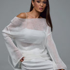 Damen luftige Strickbluse mit offenen Schultern und weiten Ärmeln R&B