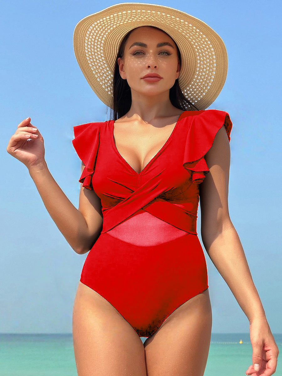 Damen Eleganter Einteiler Badeanzug mit asymmetrischem Rüschendesign R&B