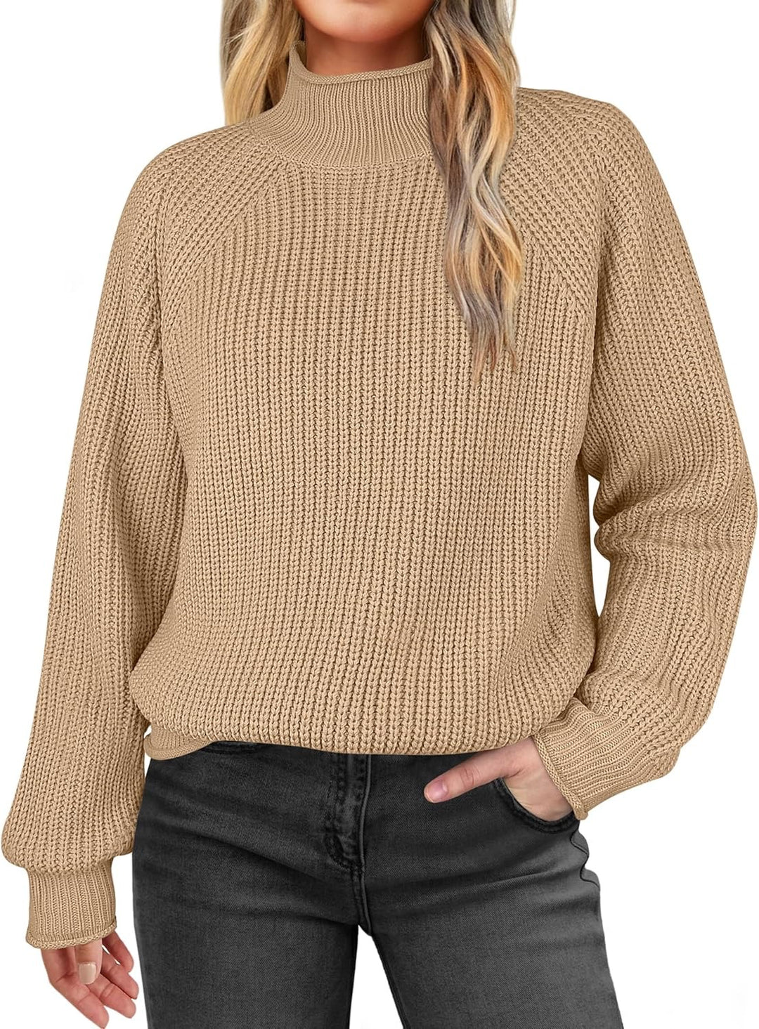 Damen modischer Strickpullover mit hohem Kragen und strukturierter Oberfläche R&B