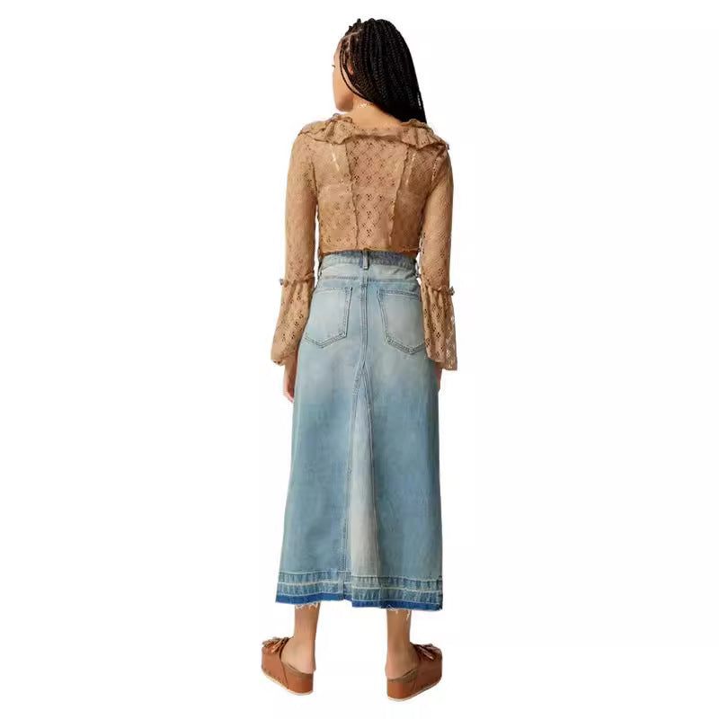 Damen Langer Denim-Rock mit Schlitz und moderner Waschung R&B