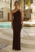 Damen Elegantes Maxikleid mit asymmetrischem Träger und schimmernden Akzenten