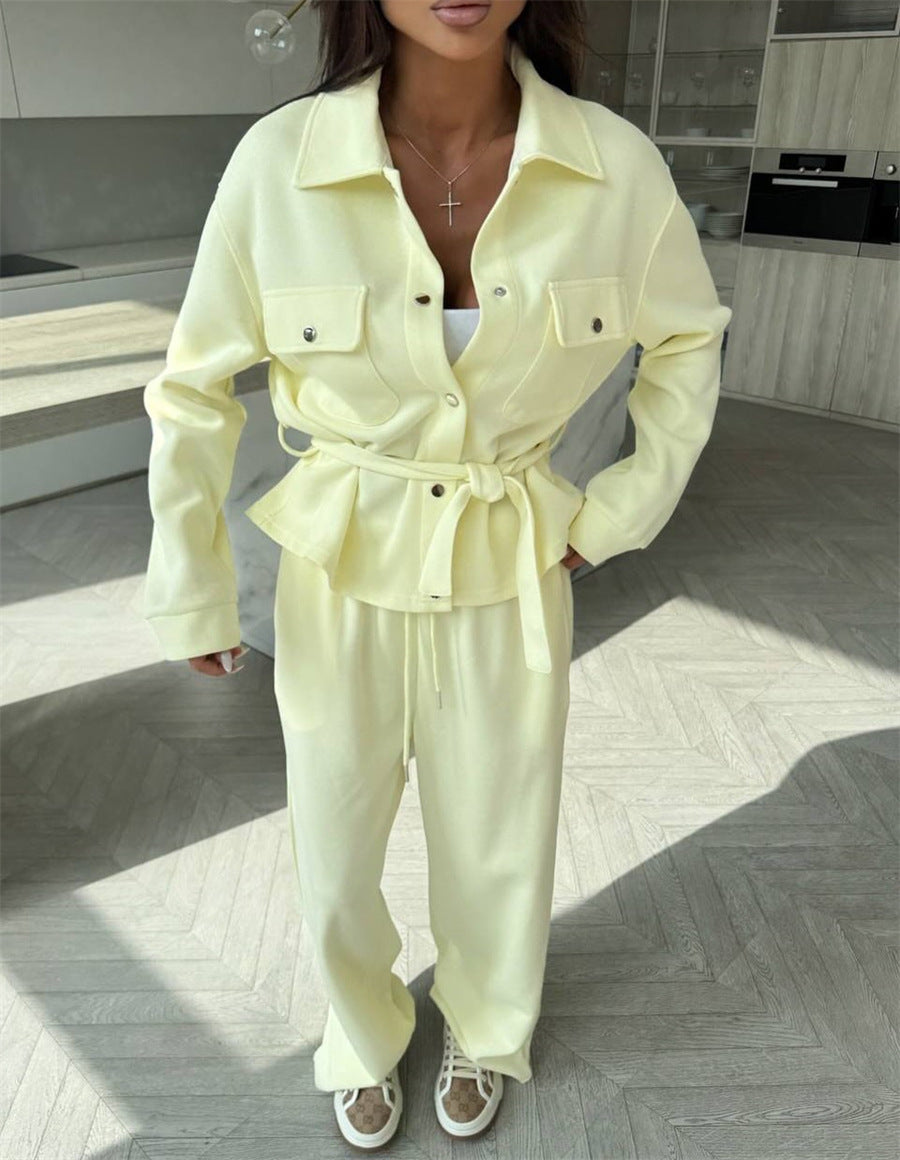 Damen elegantes Loungewear-Set mit Taillengürtel und praktischen Taschen R&B