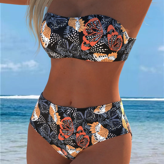 Damen Bandeau-Bikini mit hohem Taillenschnitt und kontrastierendem Blumendesign R&B