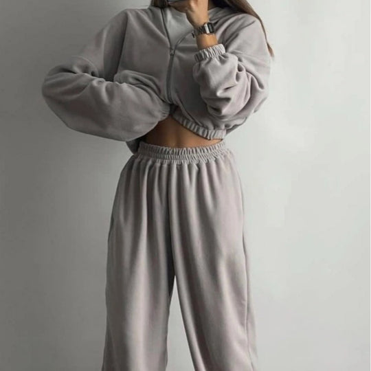 Damen lässiges Fleece-Set mit hohem Stehkragen und enganliegendem Bund R&B