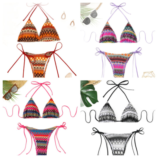 Damen Triangel-Bikini mit fröhlichem Muster und verstellbaren Bändern R&B