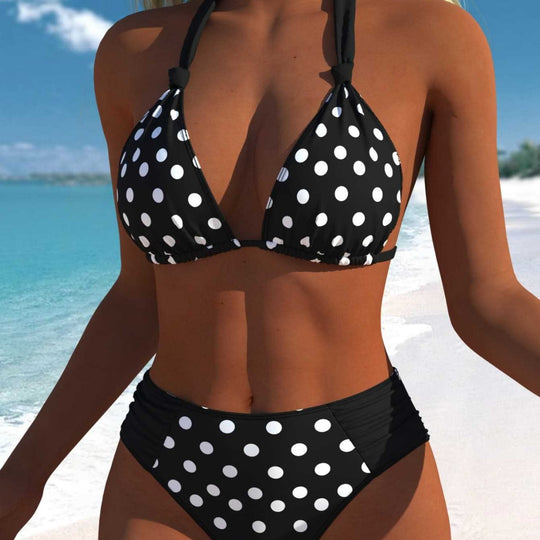 Damen Hochgeschnittener Triangel-Bikini mit punktiertem Design und verstellbaren Trägern R&B