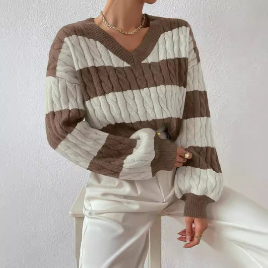 Damen V-Ausschnitt Strickpullover mit Rippstruktur und langen Ärmeln R&B