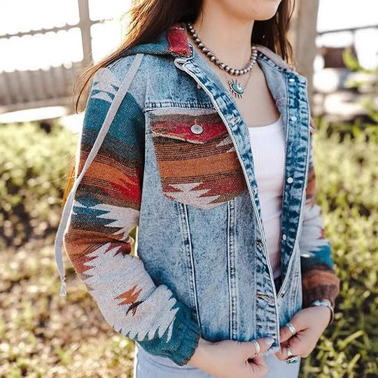 Damen Denimjacke im lässigen Boho-Stil mit Kapuze R&B