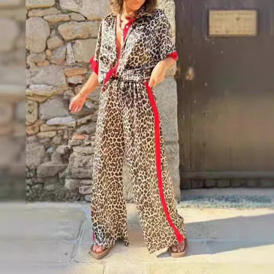 Damen eleganter Leoprint-Jumpsuit mit weiten Beinen und lockerer Passform R&B