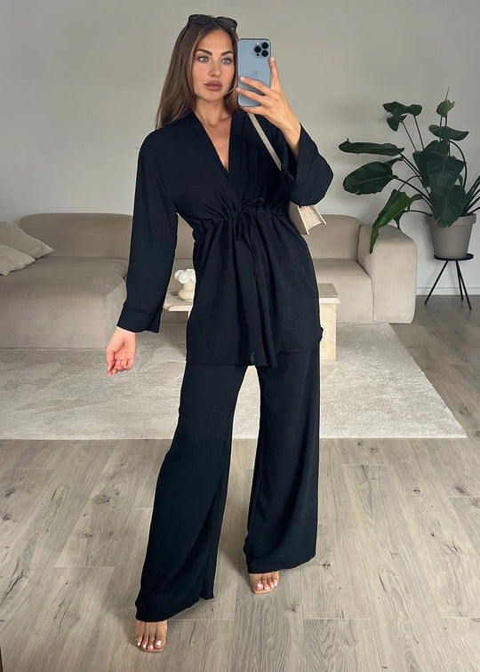 Damen Kimono-Style Lounge-Hose mit Wickeloberteil R&B