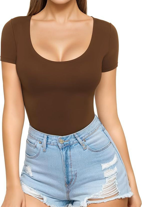 Damen figurbetontes Kurzarm-Body mit rundem Ausschnitt und nahtlosem Design R&B