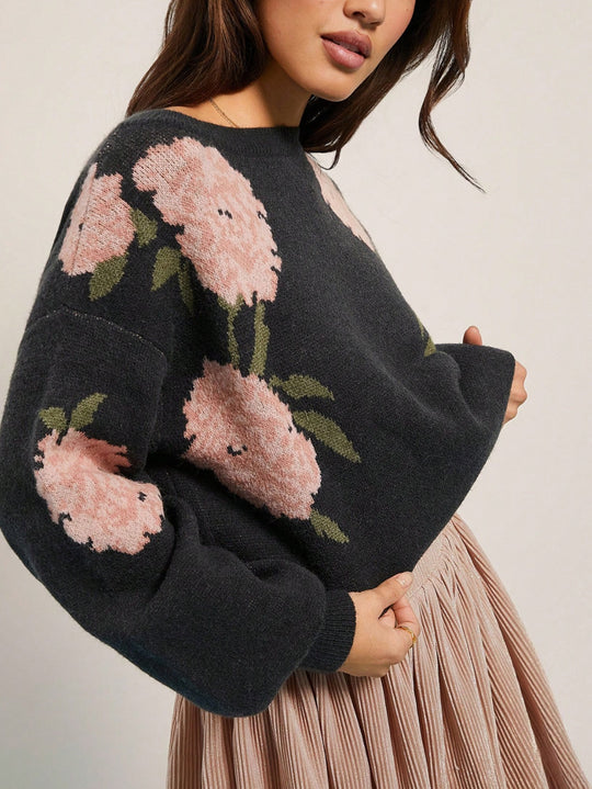 Damen Pullover mit floralem Muster und lässigem Schnitt R&B