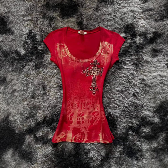 Damen modisches T-Shirt mit einzigartigem Cross-Design R&B